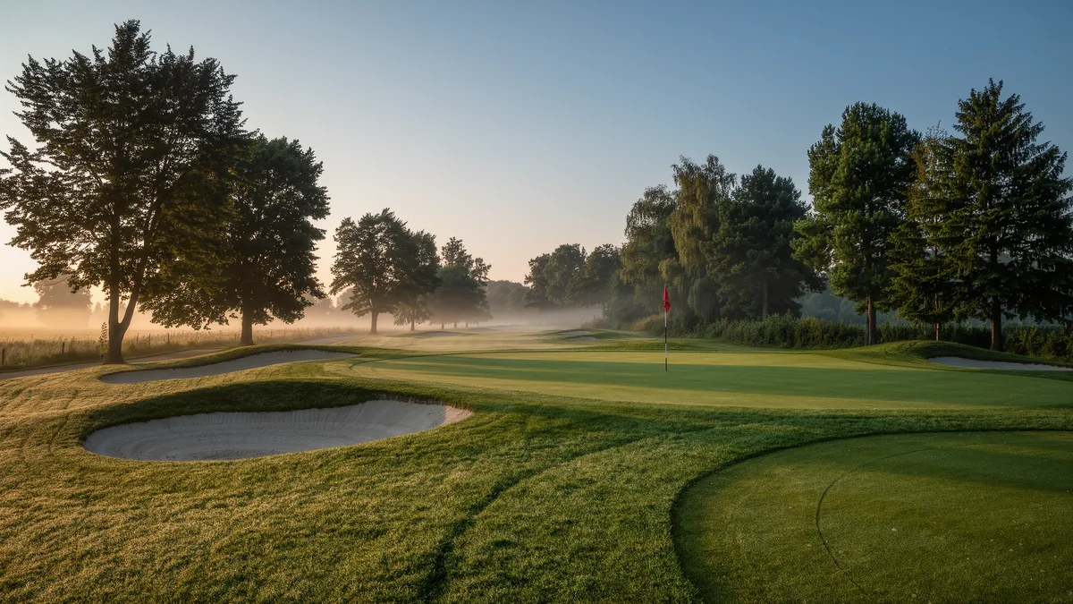 Symbolbild: menschenleere Golfbahn mit Buchen und Morgennebel